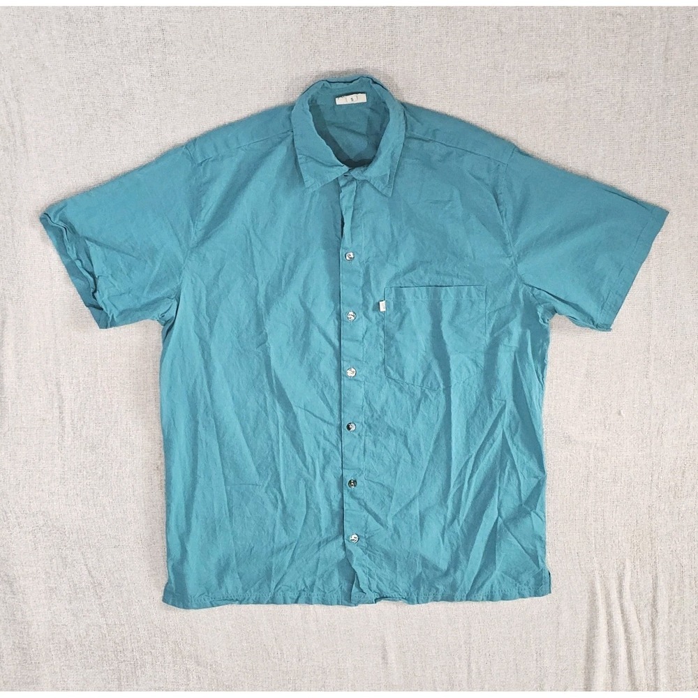 Anokhi Small 100% Cotton Teal Solid Abalone Button Down Short Sleeve Shirt